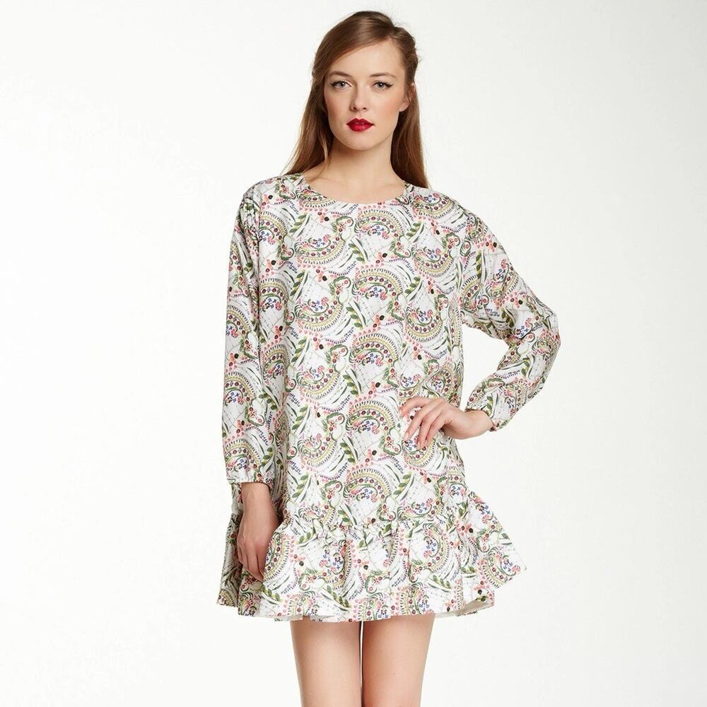 CYNTHIA ROWLEY White Floral Ruffle Hem Swing Flounce Dress Long Sleeve 4